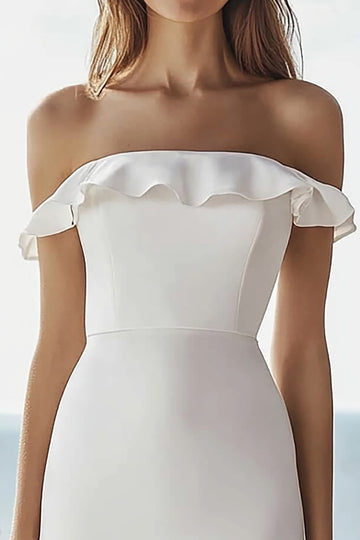 Ivory Off the Shoulder Simple Midi Engagement Dress with Ruffles